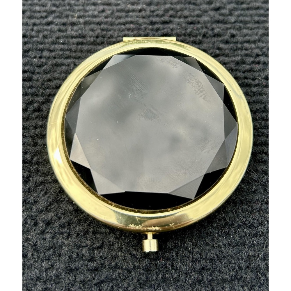 Gold Compact‎ Mirror Faceted Black Gemstone Look Purse Makeup Accessory 2.5 Inch